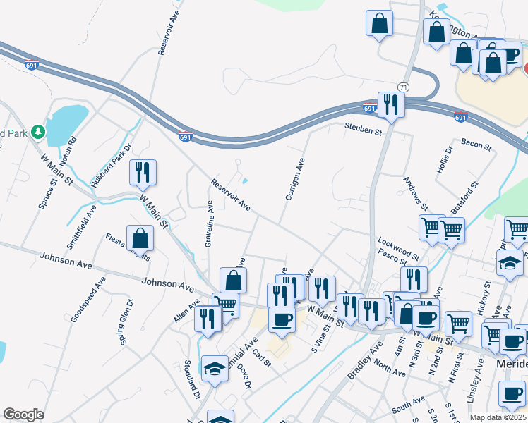 map of restaurants, bars, coffee shops, grocery stores, and more near 48 Corrigan Avenue in Meriden