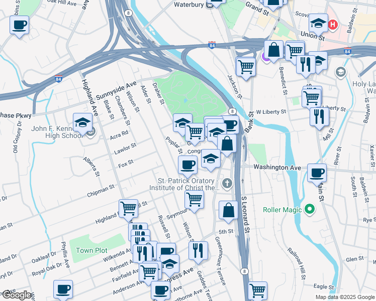 map of restaurants, bars, coffee shops, grocery stores, and more near 109 Green Street in Waterbury
