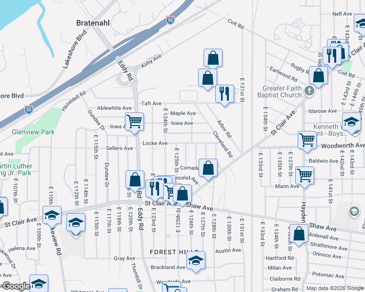 map of restaurants, bars, coffee shops, grocery stores, and more near 12523 Locke Avenue in Cleveland