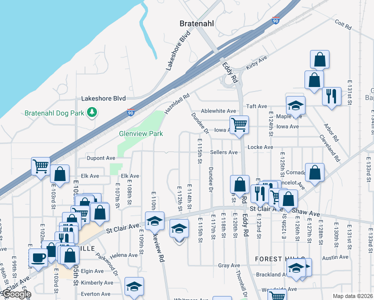 map of restaurants, bars, coffee shops, grocery stores, and more near 434 East 114th Street in Cleveland