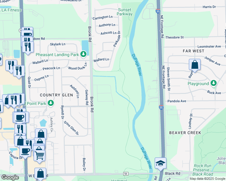 map of restaurants, bars, coffee shops, grocery stores, and more near 1306 Riverview Drive in Joliet