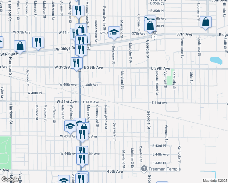 map of restaurants, bars, coffee shops, grocery stores, and more near 4033 Delaware Street in Gary