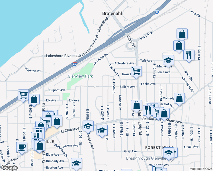 map of restaurants, bars, coffee shops, grocery stores, and more near 434 East 114th Street in Cleveland