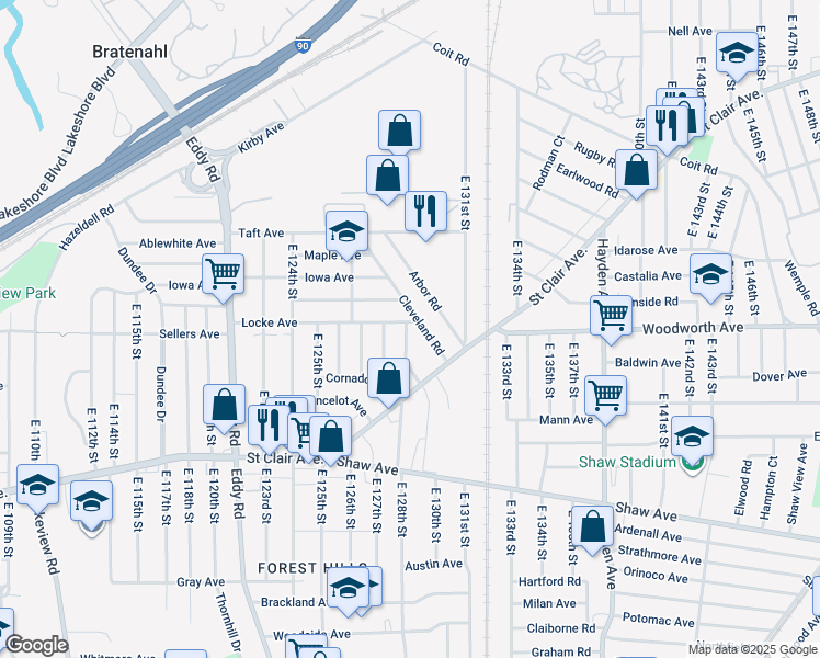 map of restaurants, bars, coffee shops, grocery stores, and more near 12902 Locke Avenue in Cleveland