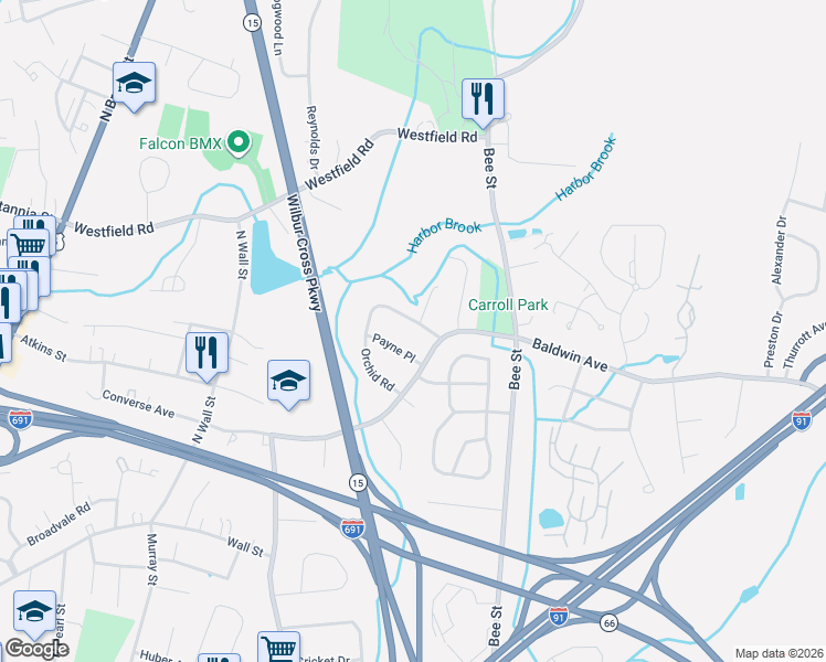 map of restaurants, bars, coffee shops, grocery stores, and more near 11 Daggett Drive in Meriden
