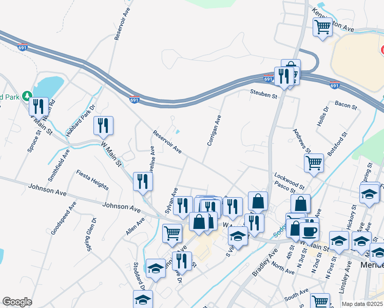 map of restaurants, bars, coffee shops, grocery stores, and more near 48 Corrigan Avenue in Meriden
