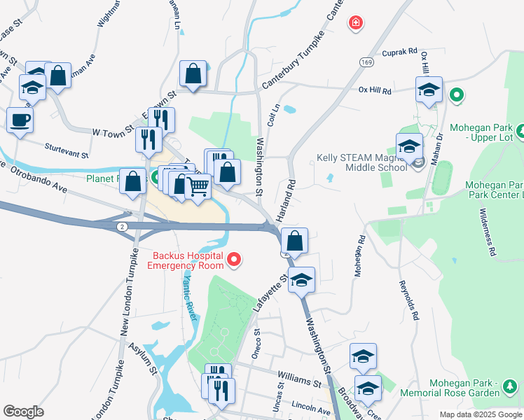 map of restaurants, bars, coffee shops, grocery stores, and more near 357 Washington Street in Norwich