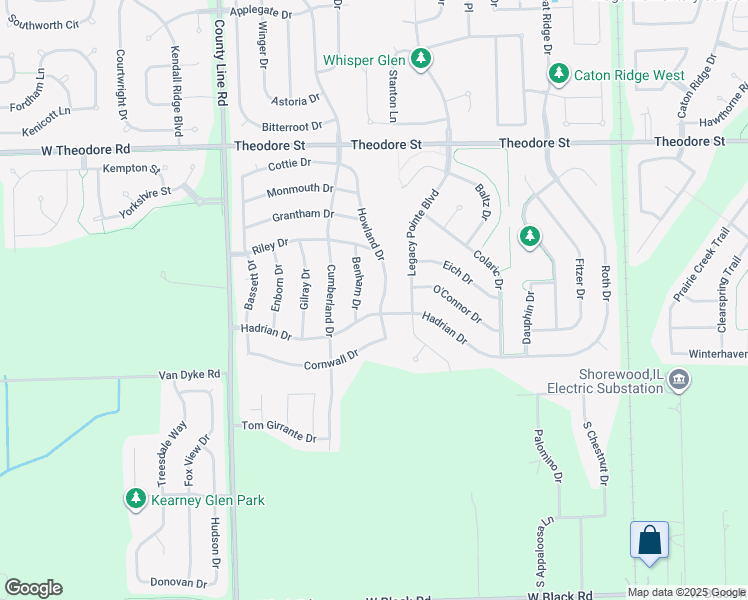 map of restaurants, bars, coffee shops, grocery stores, and more near 1309 Howland Drive in Joliet