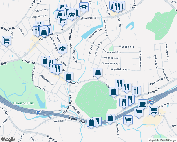 map of restaurants, bars, coffee shops, grocery stores, and more near 83 Fairlawn Avenue in Waterbury