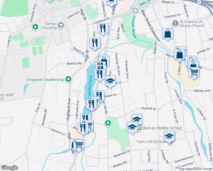 map of restaurants, bars, coffee shops, grocery stores, and more near 35 Lake Street in Middletown