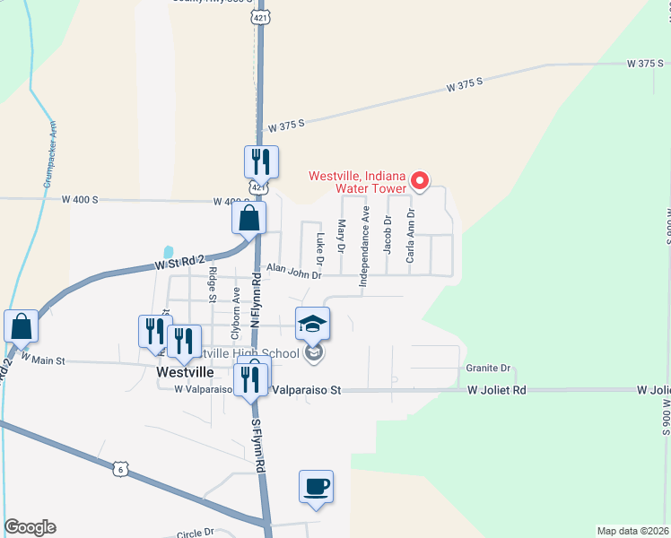 map of restaurants, bars, coffee shops, grocery stores, and more near 605 Mary Drive in Westville