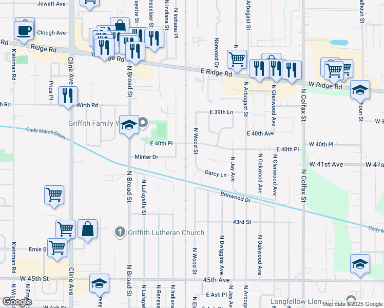 map of restaurants, bars, coffee shops, grocery stores, and more near 1314 North Wood Street in Griffith