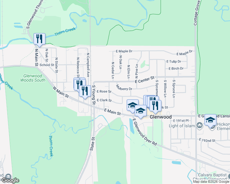 map of restaurants, bars, coffee shops, grocery stores, and more near 121 East Rose Street in Glenwood