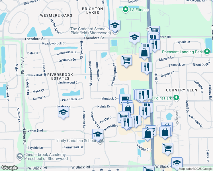 map of restaurants, bars, coffee shops, grocery stores, and more near 5130 Freeport Court in Plainfield