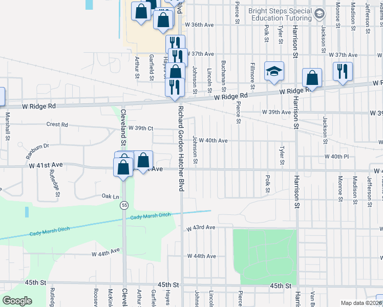 map of restaurants, bars, coffee shops, grocery stores, and more near 4017 Grant Street in Gary