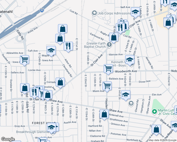 map of restaurants, bars, coffee shops, grocery stores, and more near 13404 Saint Clair Avenue in Cleveland