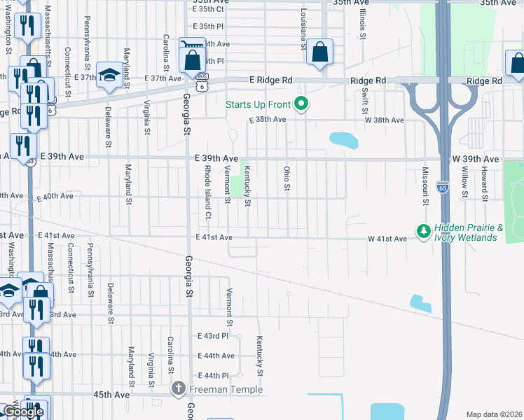 map of restaurants, bars, coffee shops, grocery stores, and more near 4009 Kentucky Street in Gary