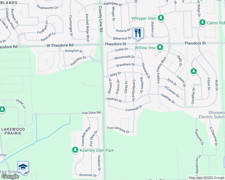 map of restaurants, bars, coffee shops, grocery stores, and more near 1310 Bassett Drive in Joliet