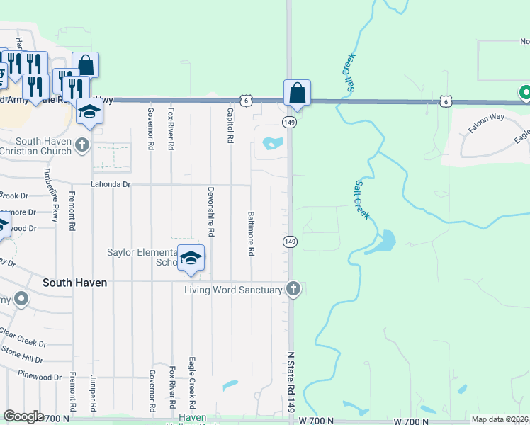 map of restaurants, bars, coffee shops, grocery stores, and more near 767 Baltimore Road in Valparaiso