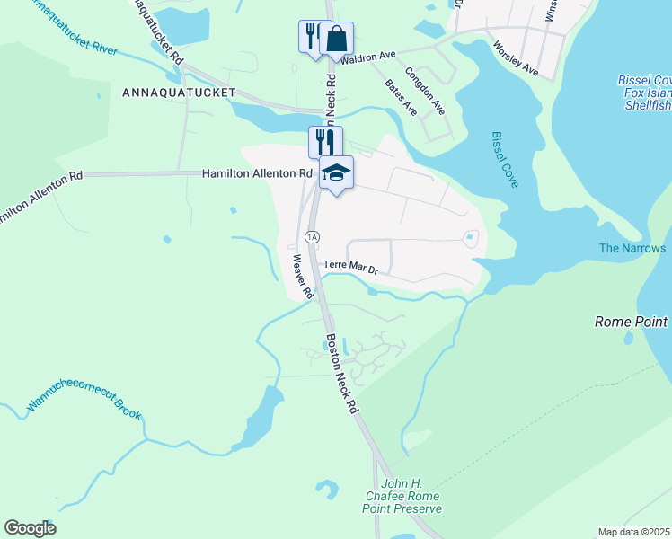 map of restaurants, bars, coffee shops, grocery stores, and more near 25 Terre Mar Drive in North Kingstown