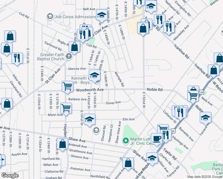 map of restaurants, bars, coffee shops, grocery stores, and more near 14601 Woodworth Avenue in Cleveland
