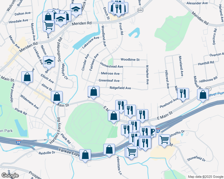 map of restaurants, bars, coffee shops, grocery stores, and more near 119 Ridgefield Avenue in Waterbury
