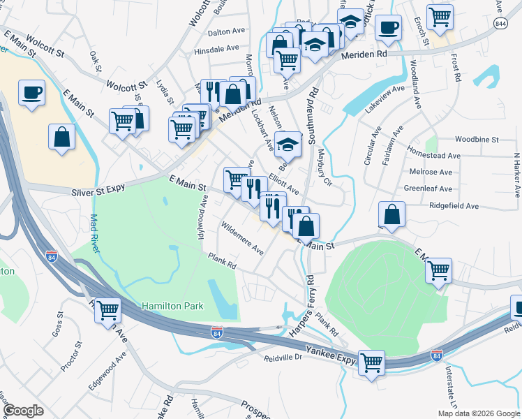 map of restaurants, bars, coffee shops, grocery stores, and more near 1775 East Main Street in Waterbury