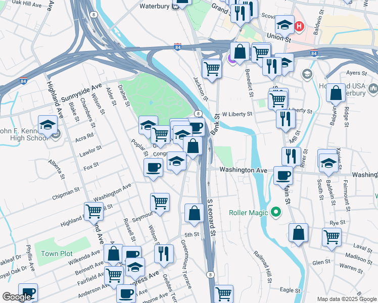 map of restaurants, bars, coffee shops, grocery stores, and more near in Waterbury