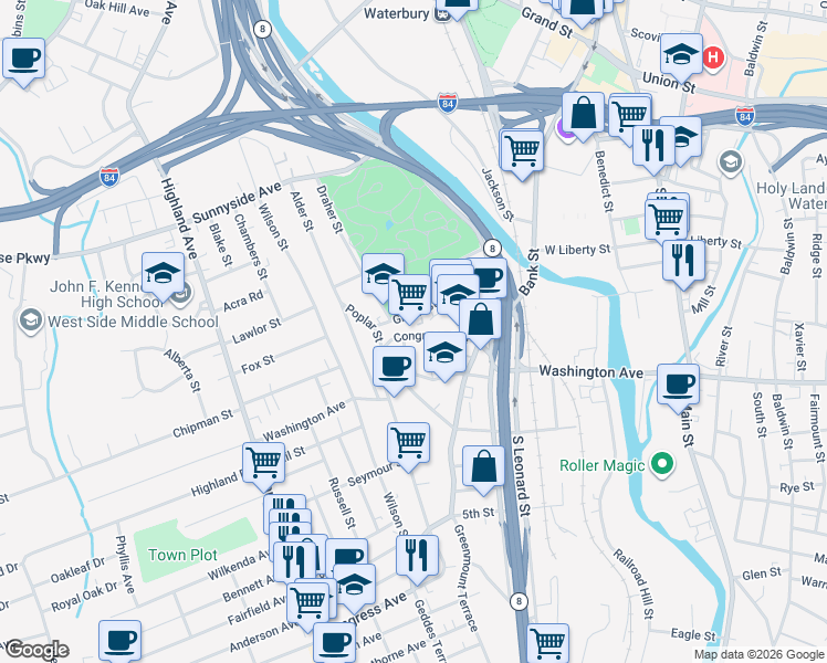 map of restaurants, bars, coffee shops, grocery stores, and more near 107 Green Street in Waterbury