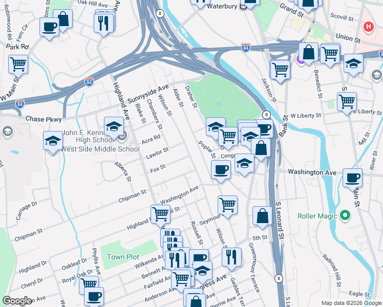 map of restaurants, bars, coffee shops, grocery stores, and more near 429 Wilson Street in Waterbury
