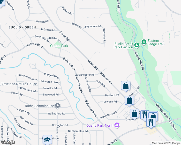 map of restaurants, bars, coffee shops, grocery stores, and more near 3993 Lancaster Road in South Euclid
