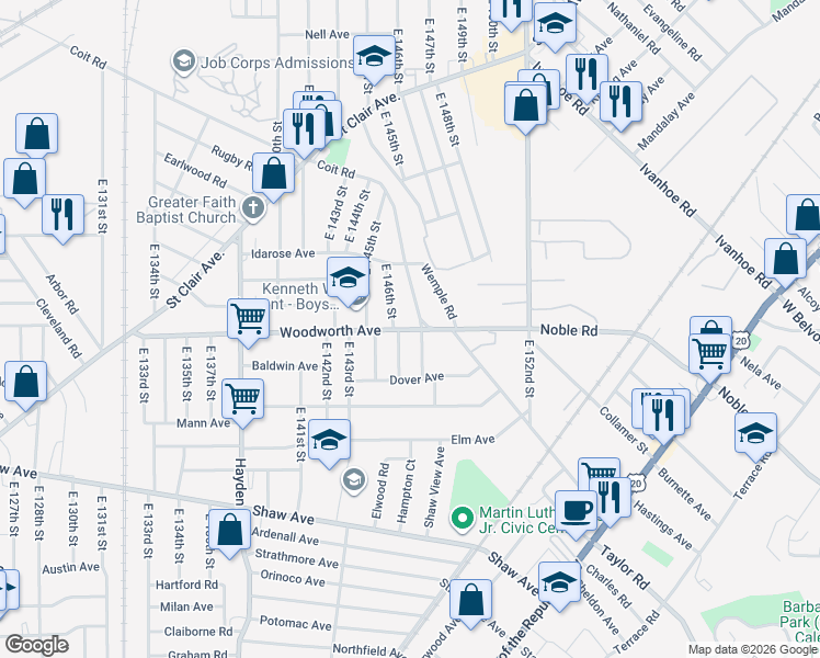 map of restaurants, bars, coffee shops, grocery stores, and more near 14601 Woodworth Avenue in Cleveland