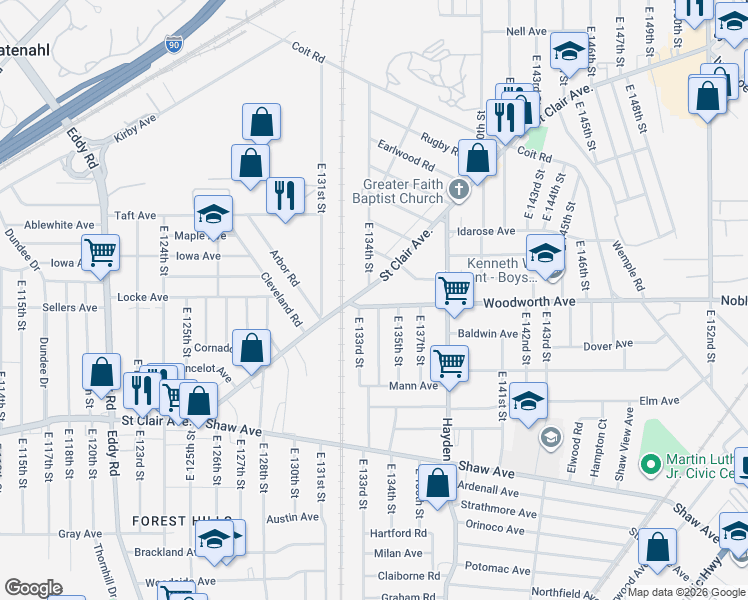 map of restaurants, bars, coffee shops, grocery stores, and more near 13404 Saint Clair Avenue in Cleveland
