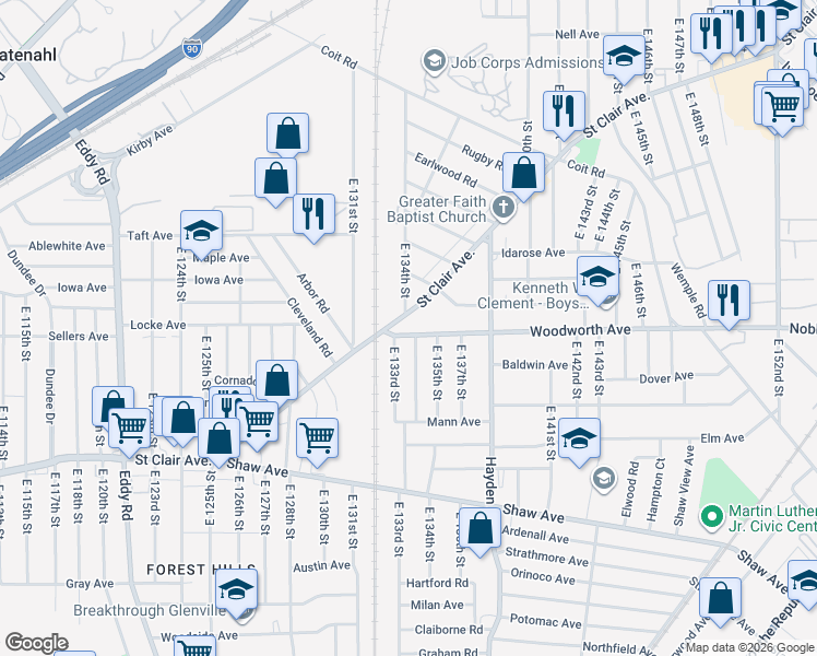 map of restaurants, bars, coffee shops, grocery stores, and more near 13404 Saint Clair Avenue in Cleveland