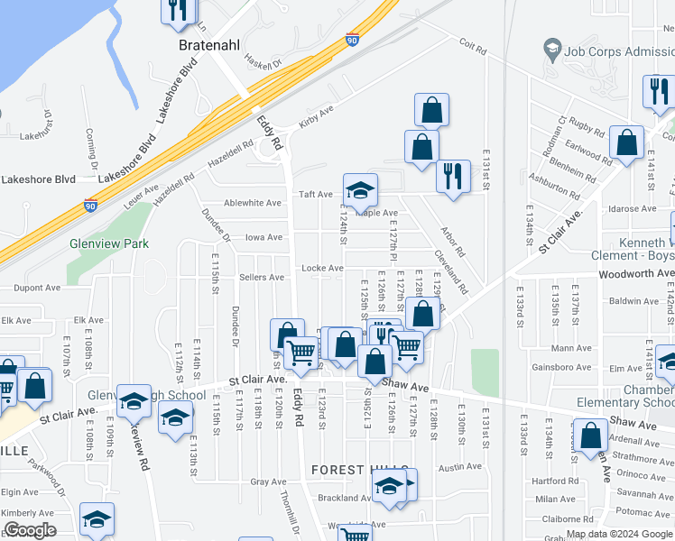 map of restaurants, bars, coffee shops, grocery stores, and more near 431 East 124th Street in Cleveland