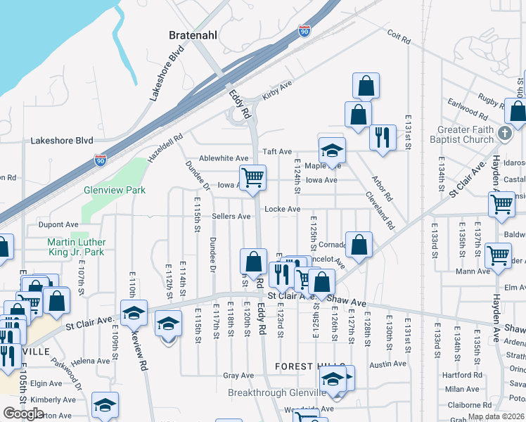 map of restaurants, bars, coffee shops, grocery stores, and more near 430 Eddy Road in Cleveland