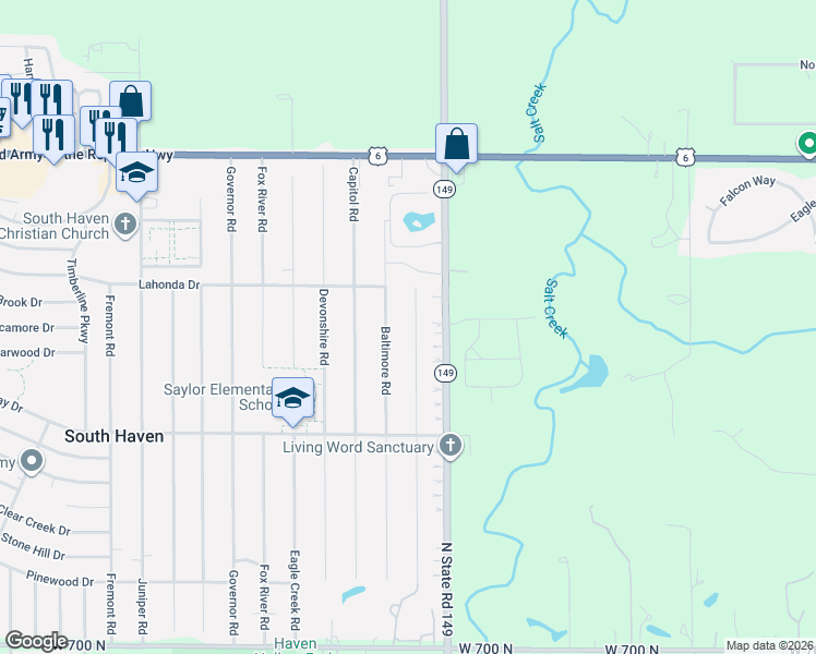 map of restaurants, bars, coffee shops, grocery stores, and more near 767 Baltimore Road in Valparaiso