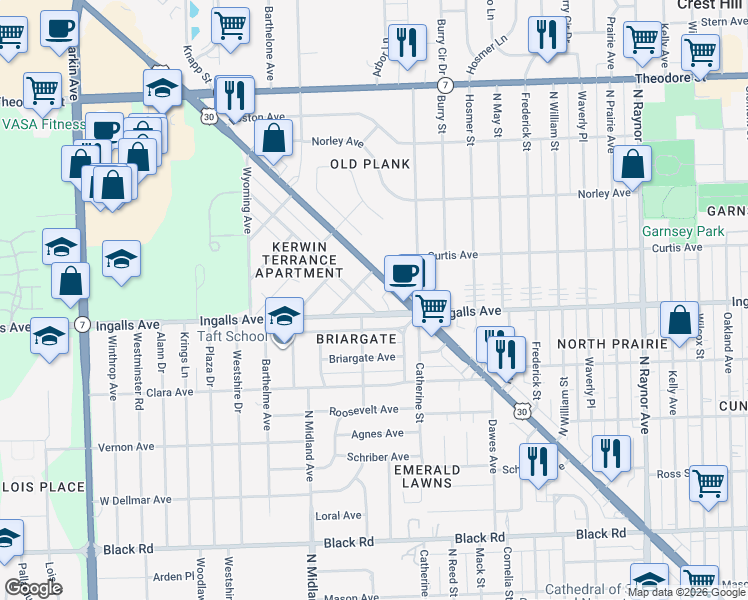 map of restaurants, bars, coffee shops, grocery stores, and more near 1220 Plainfield Road in Joliet