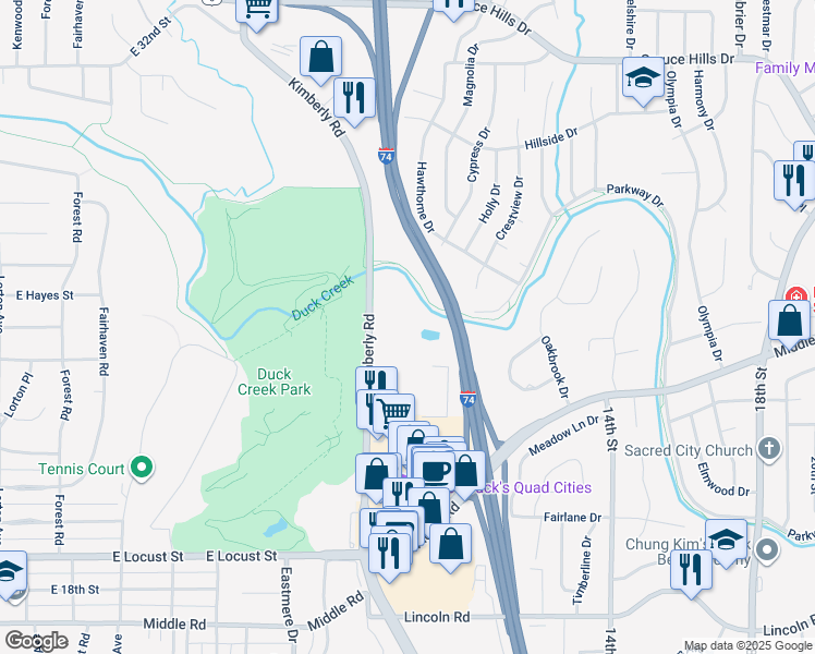 map of restaurants, bars, coffee shops, grocery stores, and more near Duck Creek Trail Parkway in Bettendorf