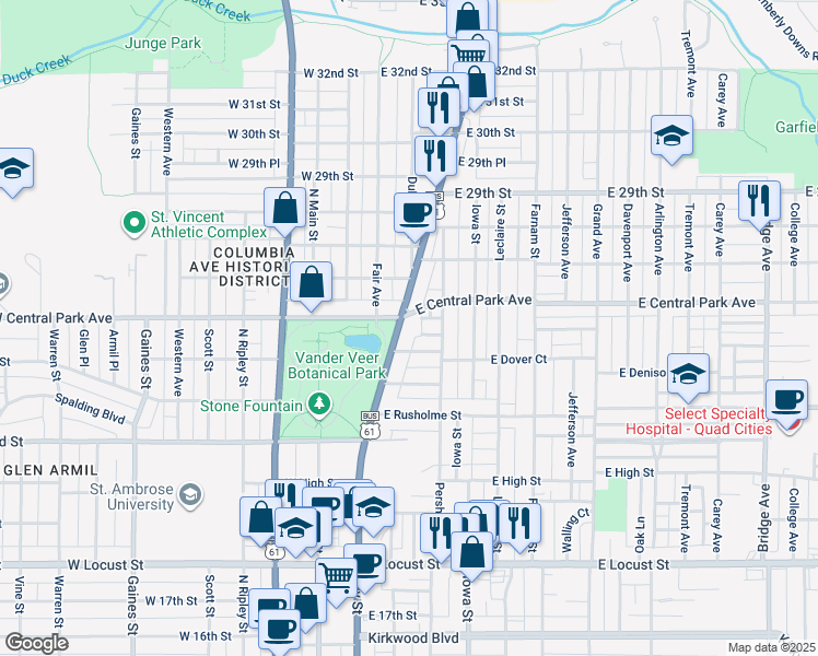 map of restaurants, bars, coffee shops, grocery stores, and more near 211 East Central Park Avenue in Davenport