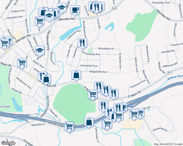 map of restaurants, bars, coffee shops, grocery stores, and more near 119 Ridgefield Avenue in Waterbury