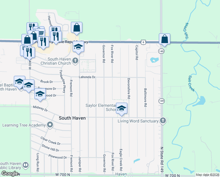 map of restaurants, bars, coffee shops, grocery stores, and more near 766 Fox River Road in Valparaiso