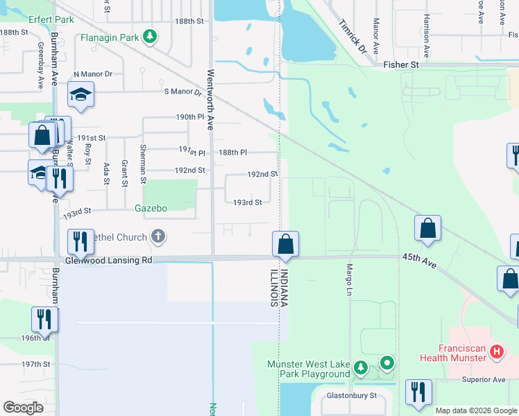 map of restaurants, bars, coffee shops, grocery stores, and more near 3676 193rd Street in Lansing