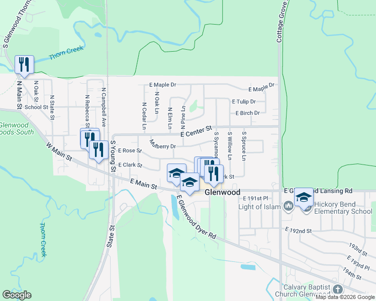map of restaurants, bars, coffee shops, grocery stores, and more near 304 Mulberry Drive in Glenwood