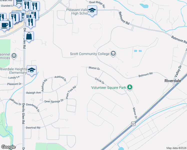 map of restaurants, bars, coffee shops, grocery stores, and more near 333 Circle Drive in Riverdale