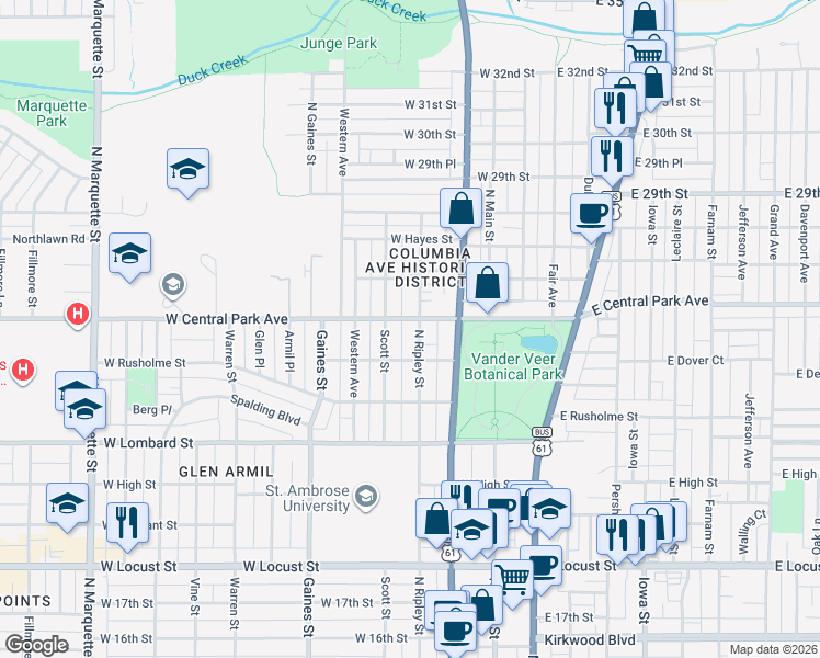 map of restaurants, bars, coffee shops, grocery stores, and more near 401 West Central Park Avenue in Davenport