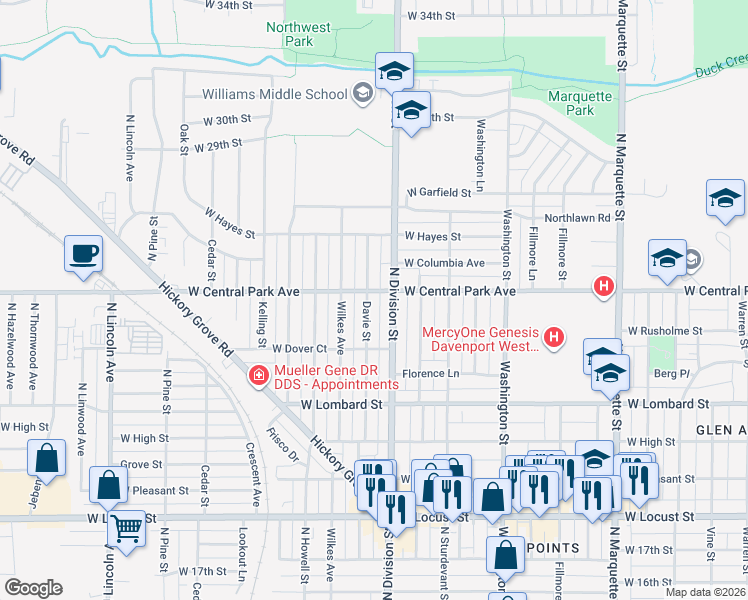 map of restaurants, bars, coffee shops, grocery stores, and more near 1708 West Central Park Avenue in Davenport
