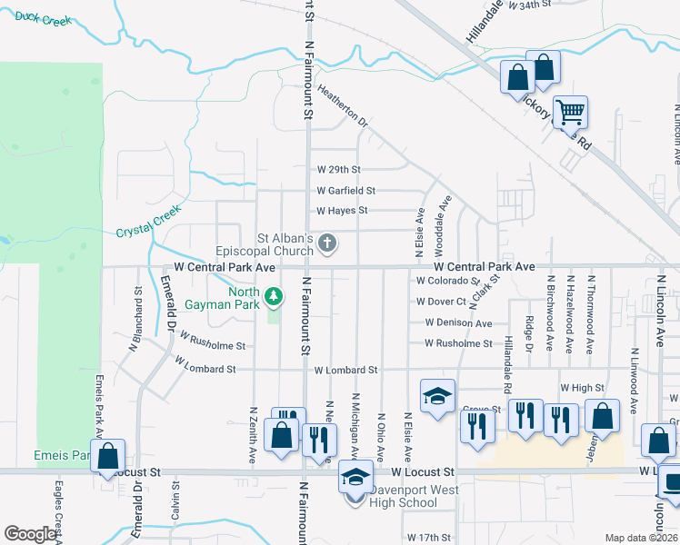 map of restaurants, bars, coffee shops, grocery stores, and more near 3510 West Central Park Avenue in Davenport