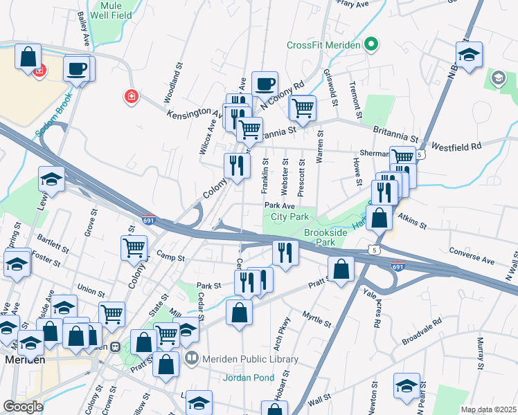 map of restaurants, bars, coffee shops, grocery stores, and more near 78 Franklin Street in Meriden