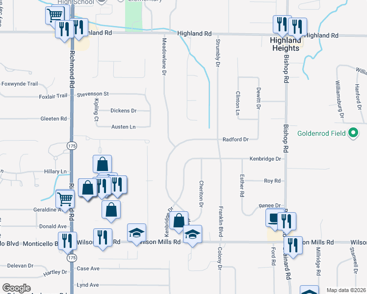 map of restaurants, bars, coffee shops, grocery stores, and more near 679 Radford Drive in Highland Heights